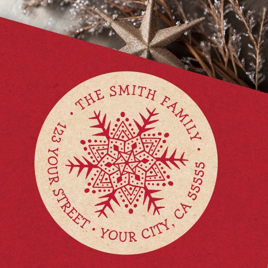 スノーフレークお洒落クラフトルックレッド差出人住所 ラウンドシール