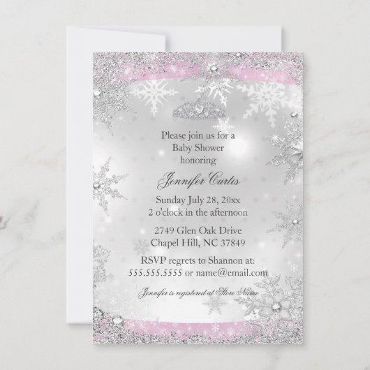 スノーフレークかわいらしプリンセスピンクベビーシャワー招待状 招待状 (裏面)