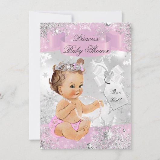 スノーフレークかわいらしプリンセスピンクベビーシャワー招待状 招待状 (正面)