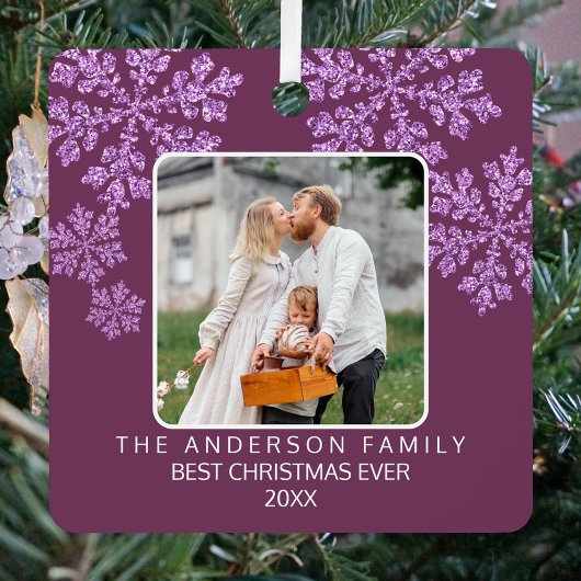 スノーフレークきらきら光るプラムエレガント2写真クリスマス メタルオーナメント