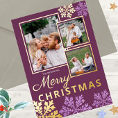 スノーフレークきらきら光るプラム3フォトコラージュ金ゴールド 箔シーズンカード