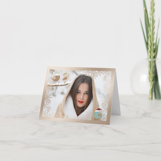 スノーフレークと鳥がフォトクリスマスカードをオーバーレイ シーズンカード (正面)