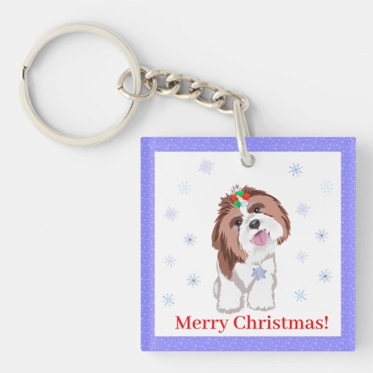 スノーフレークのシーズー メリークリスマス キーホルダー (正面)