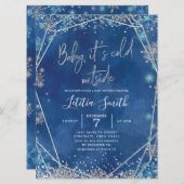 スノーフレークのネイビーブルーとシルバー冬のベビーシャワー 招待状 (正面/裏面)
