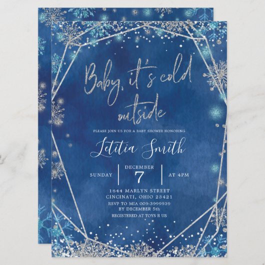 スノーフレークのネイビーブルーとシルバー冬のベビーシャワー 招待状 (正面/裏面)
