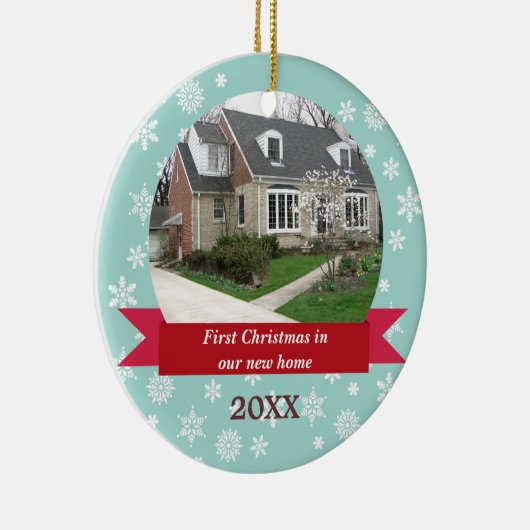 スノーフレークぼやけ赤いバナーティール（緑がかった色）カスタム写真 セラミックオーナメント (右)