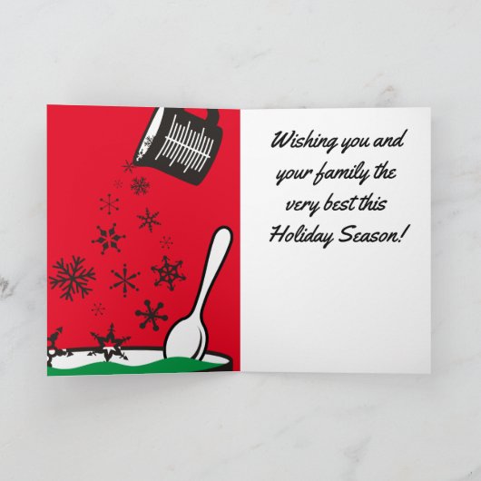 スノーフレークを注ぐ計量カップクリスマスベーキング シーズンカード (内部)