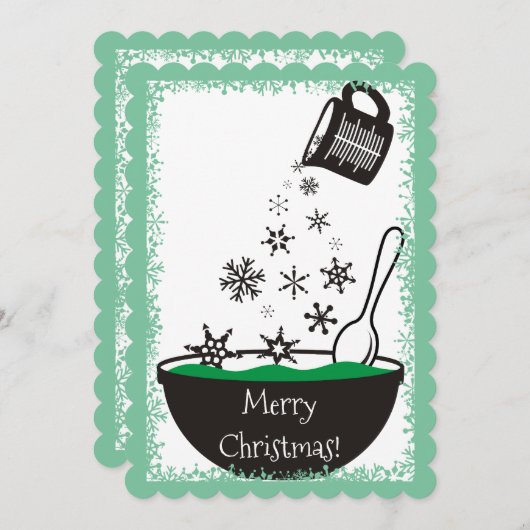 スノーフレークを注ぐ計量カップクリスマスベーキング シーズンカード (正面/裏面)