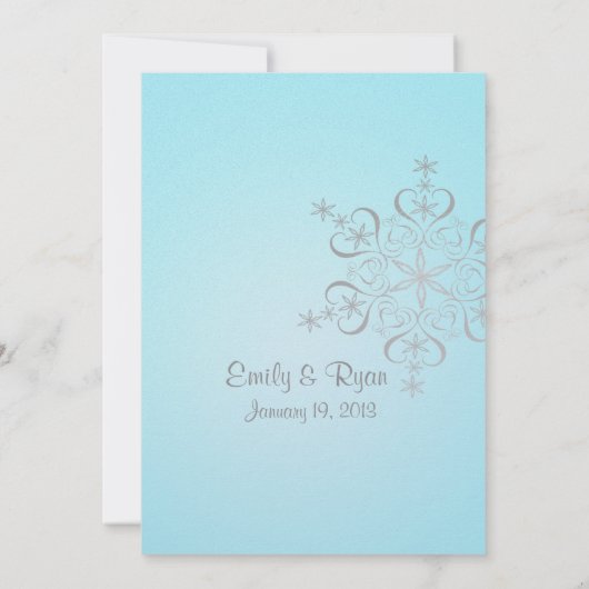 スノーフレークアイスブルーとシルバーウィンターウェディング 招待状 (裏面)
