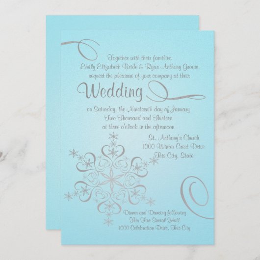 スノーフレークアイスブルーとシルバーウィンターウェディング 招待状 (正面/裏面)