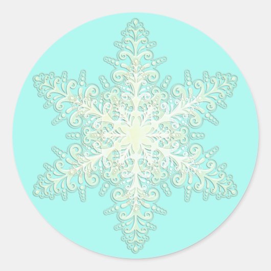 スノーフレークアイスレース冬の白とティール(緑がかった色) エレガント ラウンドシール (正面)