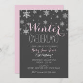 スノーフレークウィンターオネダーランドファースト誕生日ピンク 招待状 (正面/裏面)