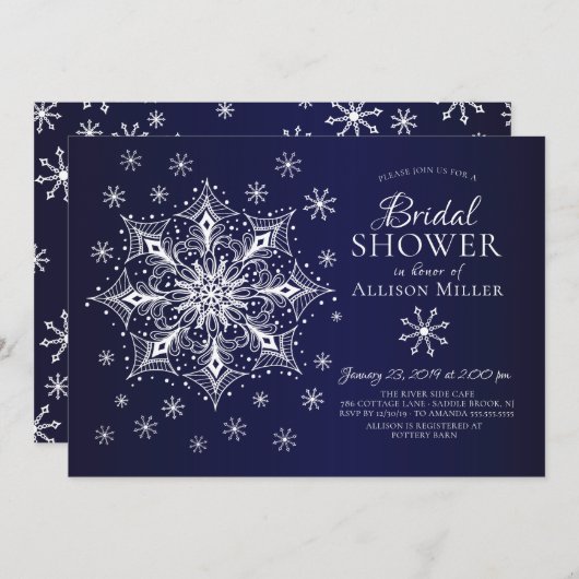 スノーフレークウィンターブライダルシャワー 招待状 (正面/裏面)
