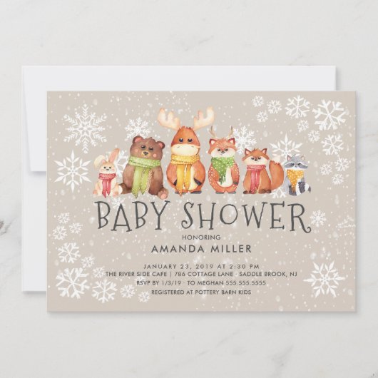 スノーフレークウッドランドアニマルズベビーシャワー招待状 招待状 (正面)