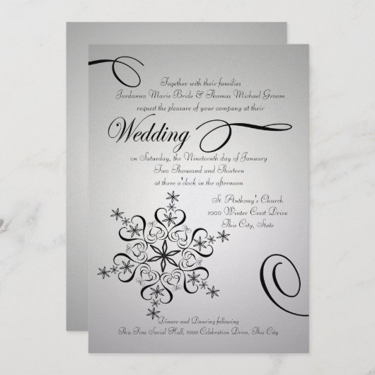 スノーフレークエレガンスシルバーウィンターウェディング 招待状 (正面/裏面)