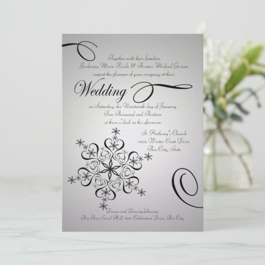 スノーフレークエレガンスシルバーウィンターウェディング 招待状 (スタンド正面)