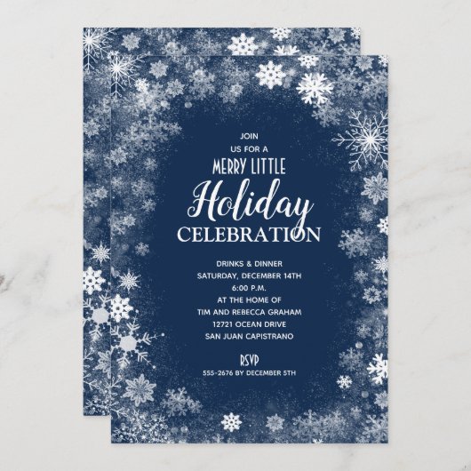 スノーフレークエレガントオンネイビーホリデー招待状 (正面/裏面)