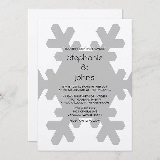 スノーフレークエレガントグレーシルバー冬の結婚式 招待状 (正面/裏面)
