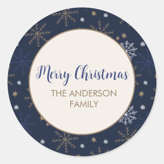 スノーフレークエレガントパターン(濃い青) ラウンドシール (正面)