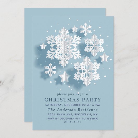 スノーフレークエレガントホリデークリスマスパーティー 招待状 (正面/裏面)