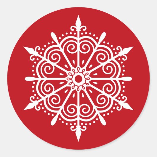 スノーフレークエレガントレッドホワイトクリスマスステッカー ラウンドシール (正面)