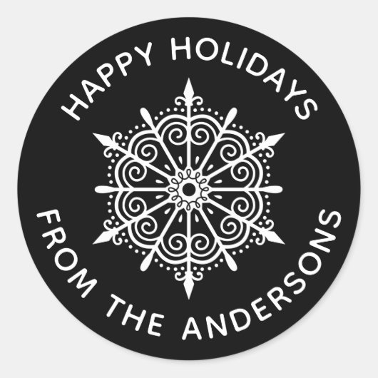 スノーフレークエレガント白黒ウィンタークリスマス ラウンドシール (正面)