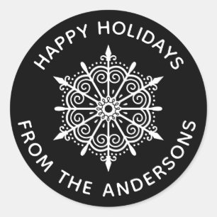 スノーフレークエレガント白黒ウィンタークリスマス ラウンドシール