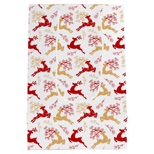 スノーフレークエレガント金ゴールドレッドトナカイのクリスマス ミディアムペーパーバッグ (裏面)