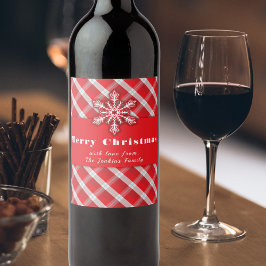 スノーフレークオンレッドレトロヴィンテージクリスマスプレイド ワインラベル