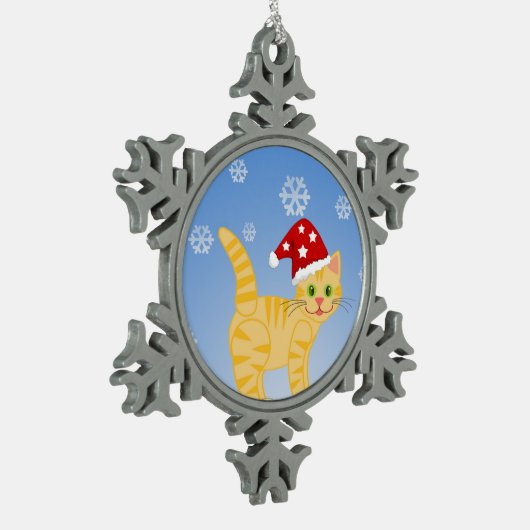 スノーフレークオーナメントおもしろいクリスマスキャットイエロー スノーフレークピューターオーナメント (左)