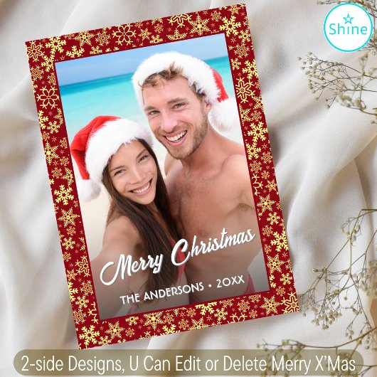 スノーフレークカスタムフォトクリスマスレッド2サイドデザイン シーズンカード