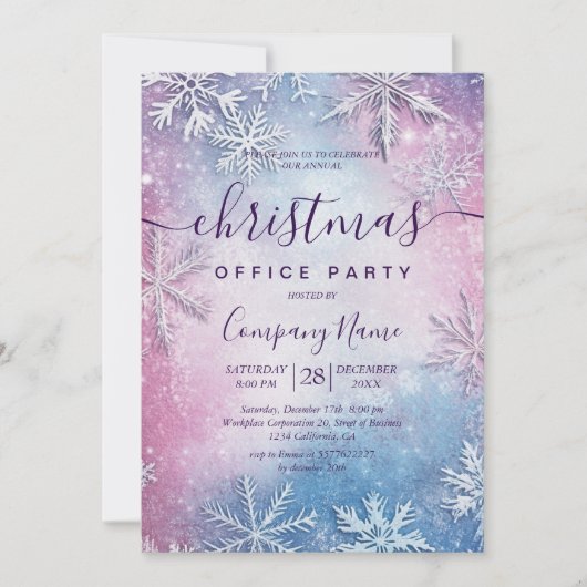スノーフレークカラフルホリデーオフィスパーティー 招待状 (正面)