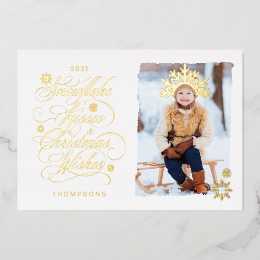 スノーフレークキスクリスマスウィッシュ金ゴールドスクリプトフォト 箔シーズンカード (正面)