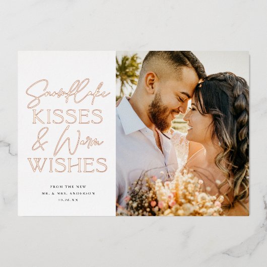 スノーフレークキス新婚クリスマス3枚の写真 箔シーズンカード (正面)