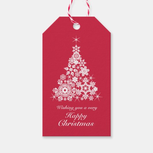スノーフレーククリスマスツリー赤と白ギフトラベル ギフトタグ (正面)