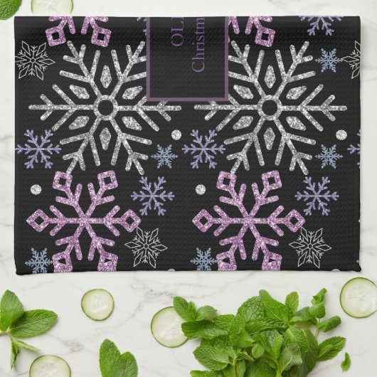 スノーフレーククリスマスパープルシルバー キッチンタオル (折り畳み)