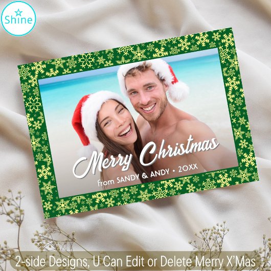 スノーフレーククリスマスフォト2サイドデザイングリーン シーズンカード