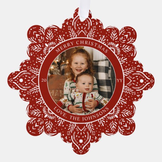 スノーフレーククリスマスレッドラウンド写真 オーナメントカード (正面)