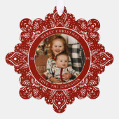 スノーフレーククリスマスレッドラウンド写真 オーナメントカード (裏面)