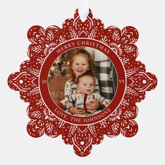 スノーフレーククリスマスレッドラウンド写真 オーナメントカード (裏面)