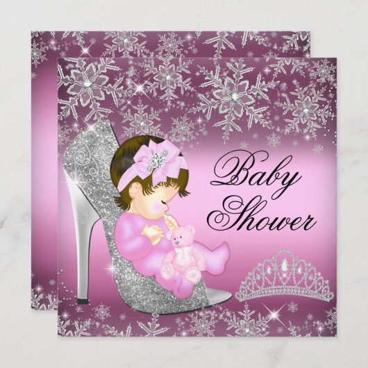 スノーフレークグリッターシューガールベビーシャワー招待状 招待状 (正面/裏面)