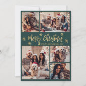 スノーフレークグリーンと金ゴールド5フォトコラージュクリスマス シーズンカード (正面)