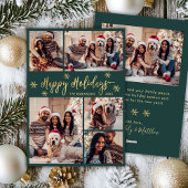 スノーフレークグリーンと金ゴールド5フォトコラージュクリスマス シーズンカード