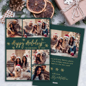 スノーフレークグリーンと金ゴールド5フォトコラージュクリスマス シーズンカード