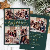 スノーフレークグリーンと金ゴールド5フォトコラージュクリスマス シーズンカード