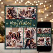 スノーフレークグリーンと金ゴールド5フォトコラージュクリスマス シーズンカード