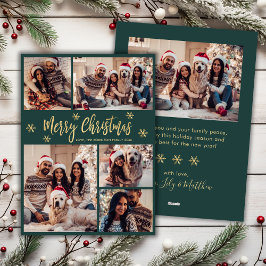 スノーフレークグリーンと金ゴールド5フォトコラージュクリスマス シーズンカード
