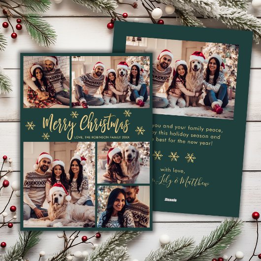 スノーフレークグリーンと金ゴールド5フォトコラージュクリスマス シーズンカード