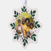 スノーフレークグリーンリーフレームホリデーフォト オーナメントカード (左)