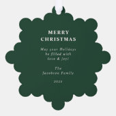 スノーフレークグリーンリーフレームホリデーフォト オーナメントカード (裏面)